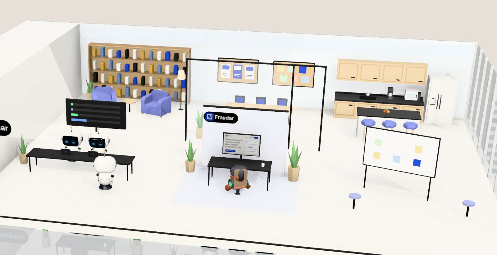 Fraydar’s office on floor 21 of Tower 2: the owner’s desk with the website on screen, the agents’ bench, a meeting room and a library